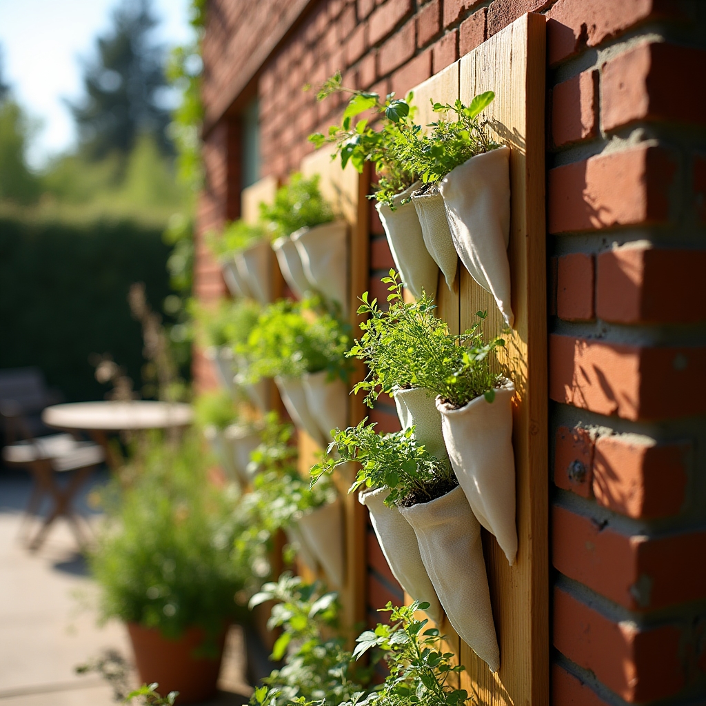 Estructura vertical de madera con bolsillos textiles para plantas en una terraza