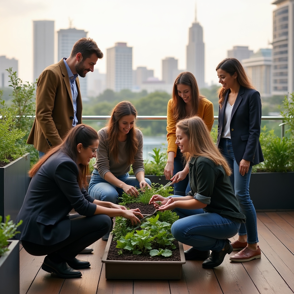 Equipo de trabajo de una empresa armando una huerta en la terraza de su oficina