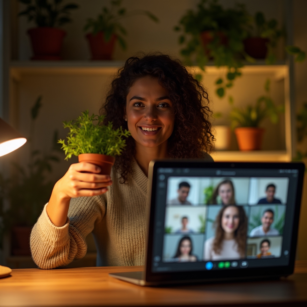 Persona participando de una clase online por videollamada sobre huertas verticales